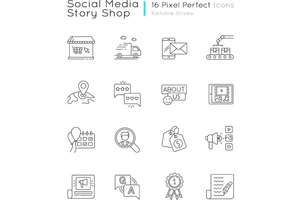 Social media story pixel perfect linear icons set