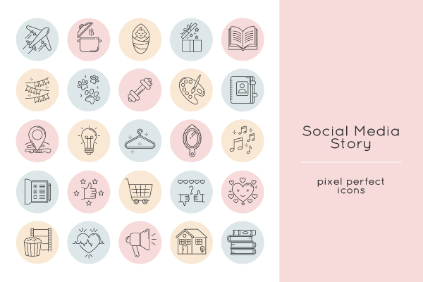 Social media story pixel perfect linear icons set
