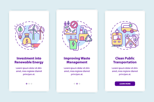 Solutions to air pollution onboarding mobile app page screen bundle