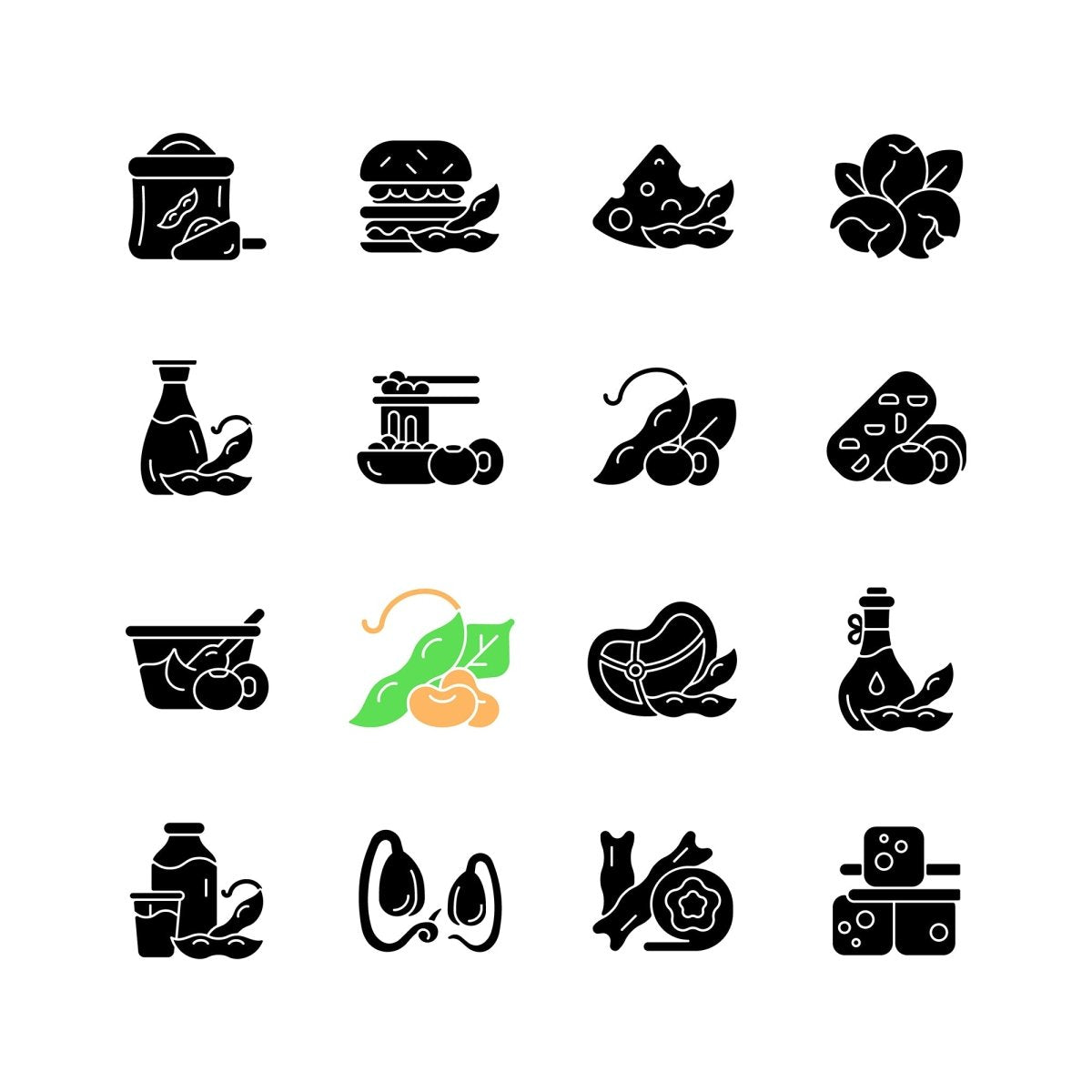 Soy foods black glyph icons set on white space