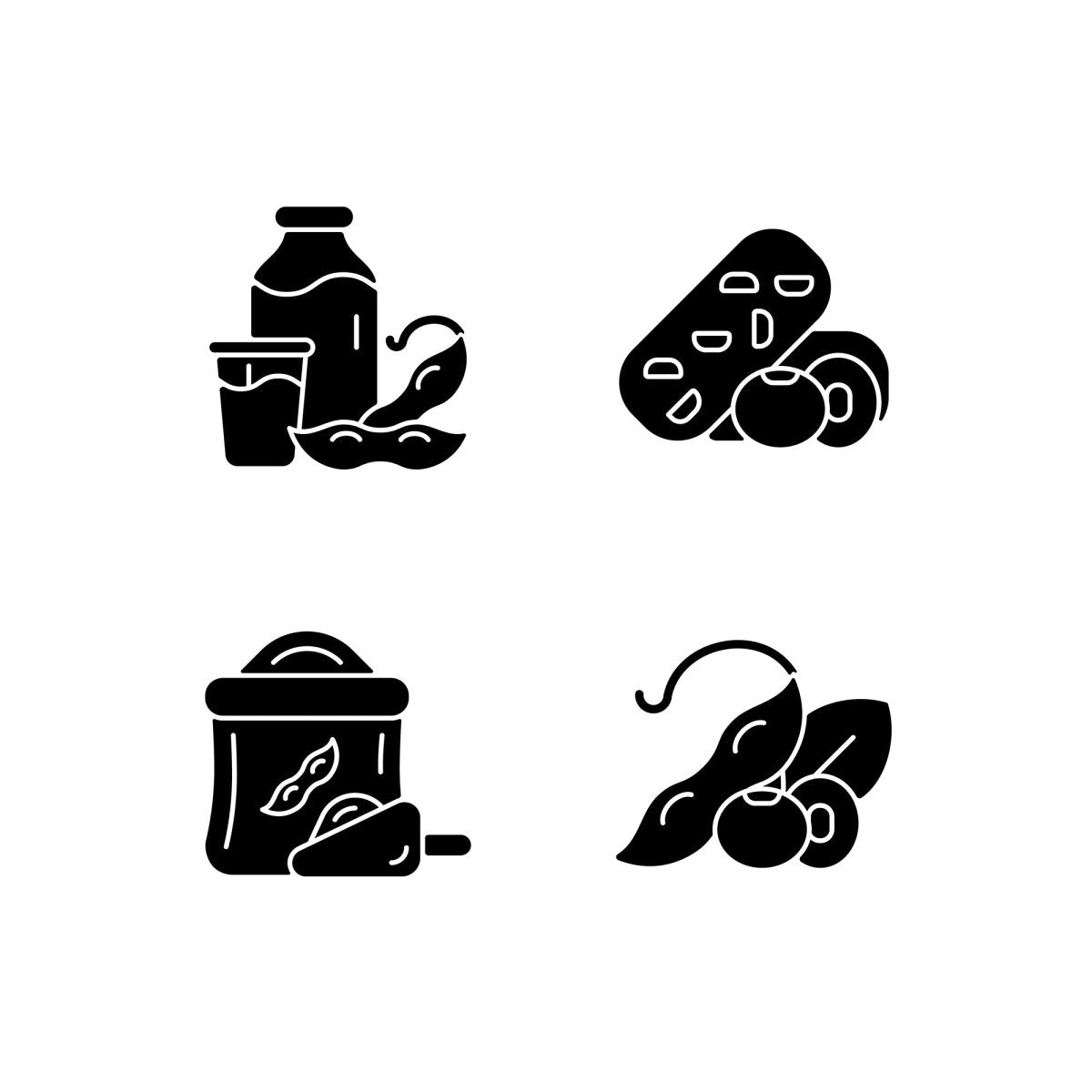 Soy foods black glyph icons set on white space