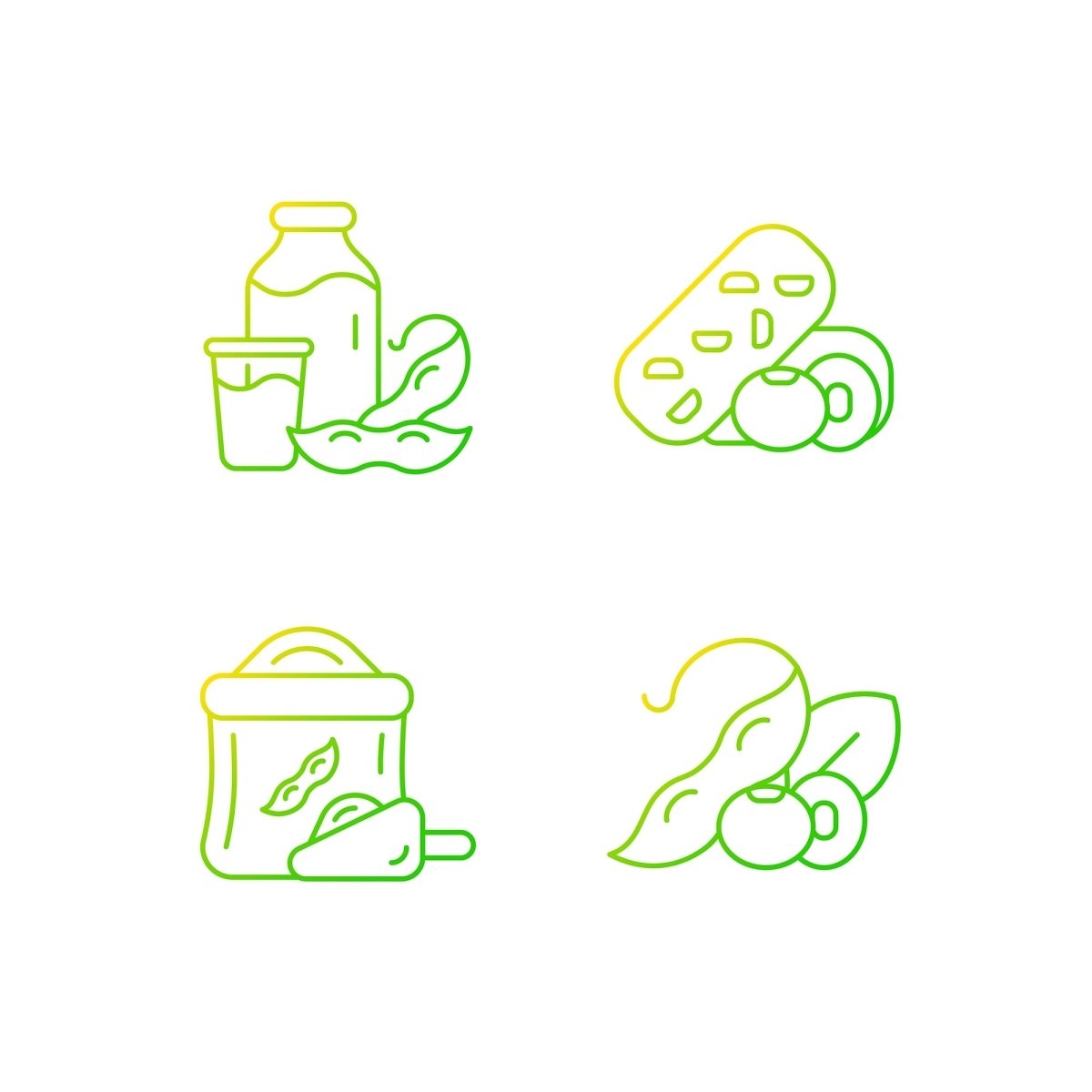 Soy foods gradient linear vector icons set