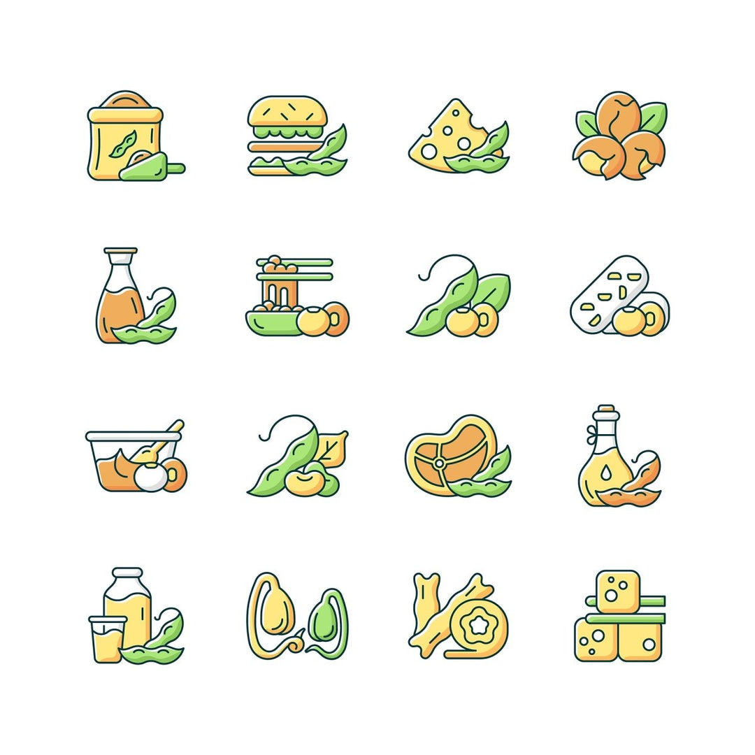 Soy foods RGB color icons set
