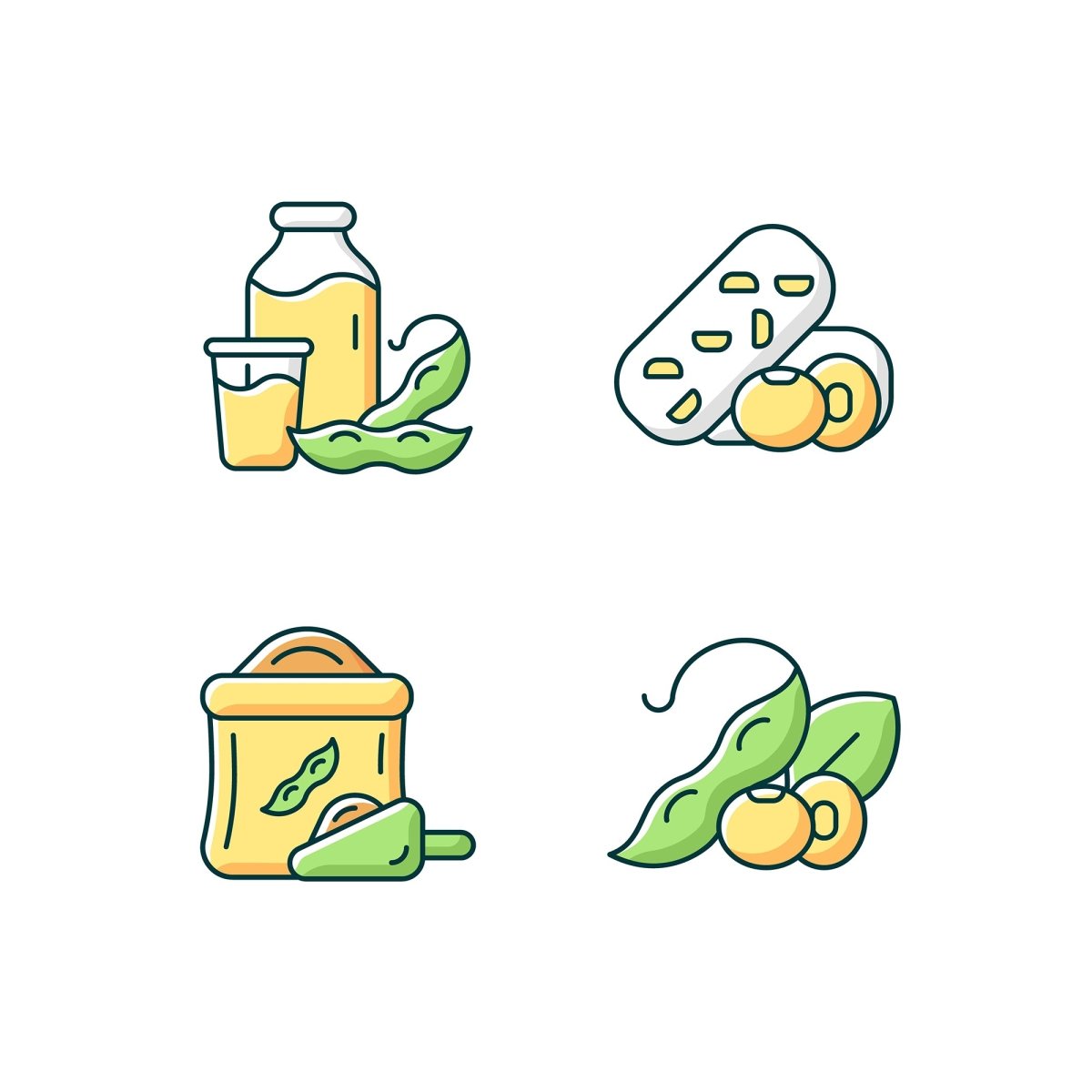 Soy foods RGB color icons set