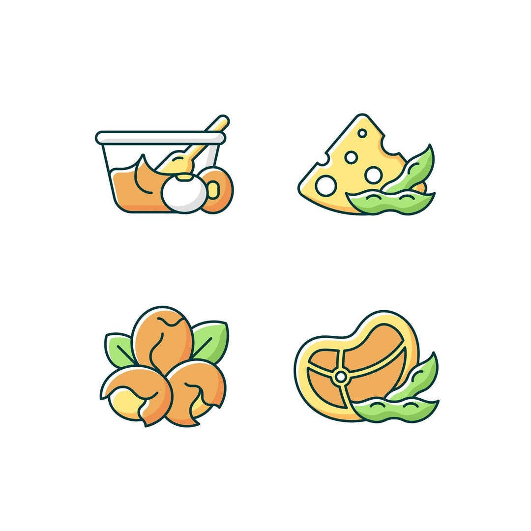 Soy foods RGB color icons set