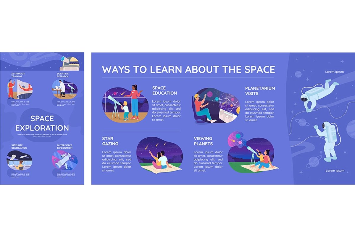 Space exploration flat color vector infographic template set