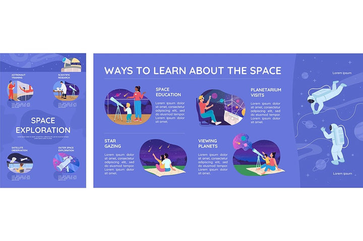 Space exploration flat color vector infographic template set
