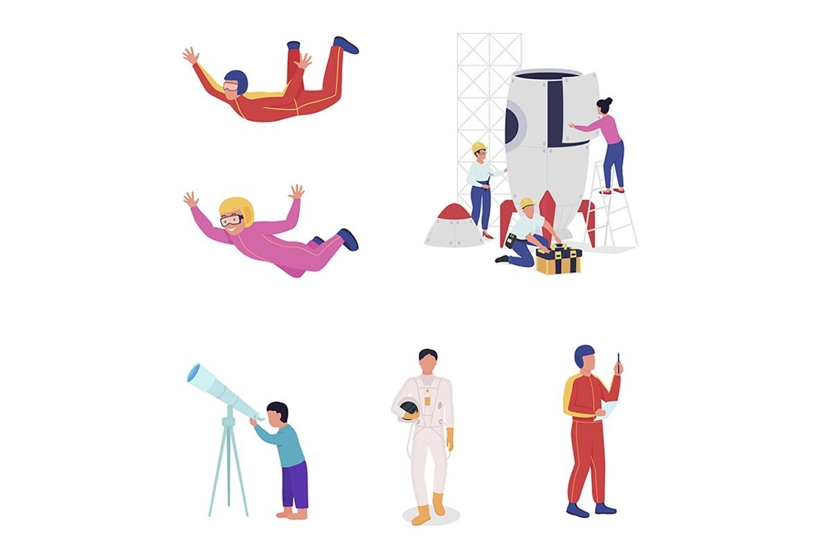 Space exploration processes vector illustration set