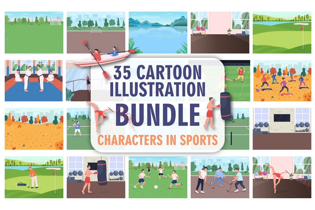 Space for sport flat color vector illustration bundle