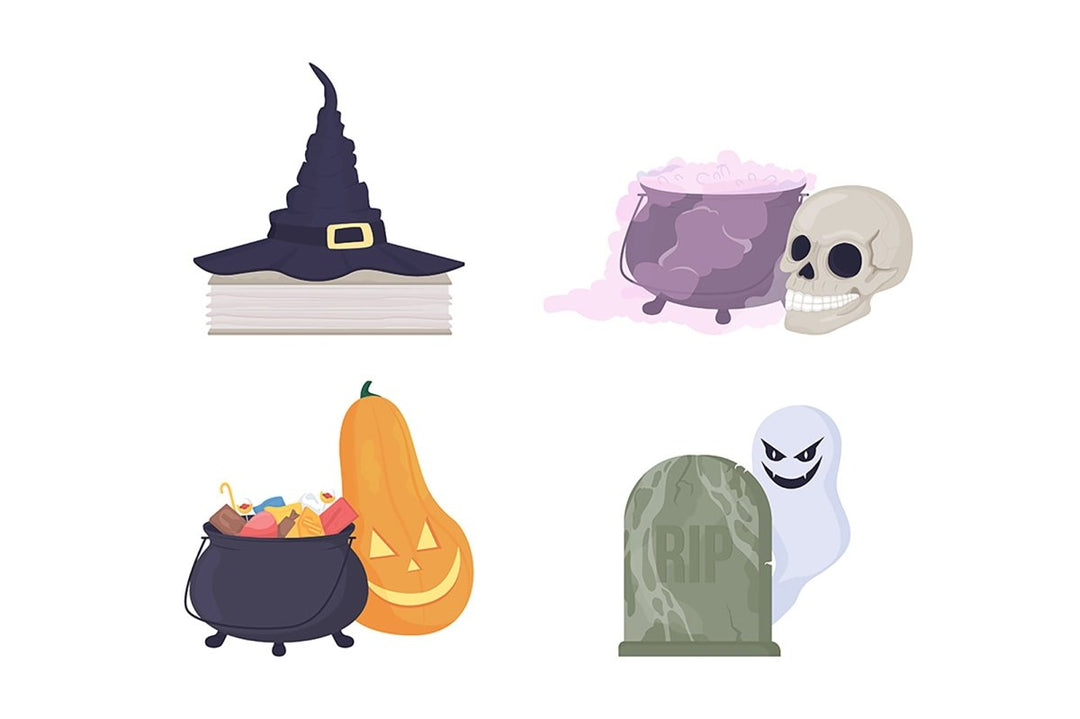 Spooky Halloween decorations semi flat color vector item set