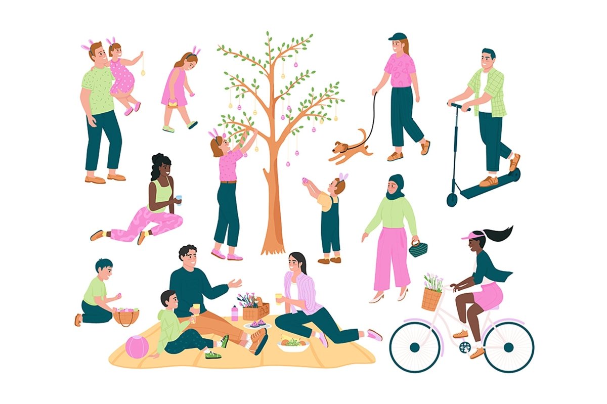 Spring activities semi flat color vector character set