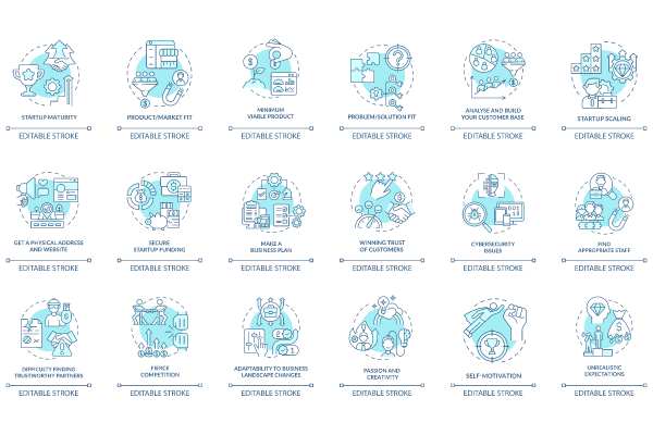 Startup launch blue concept icons set