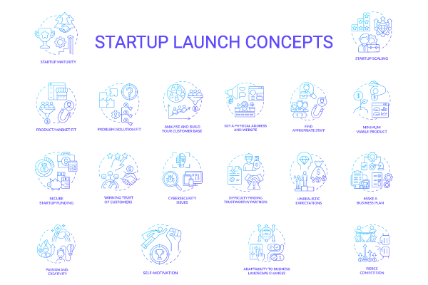 Startup launch blue gradient concept icons set