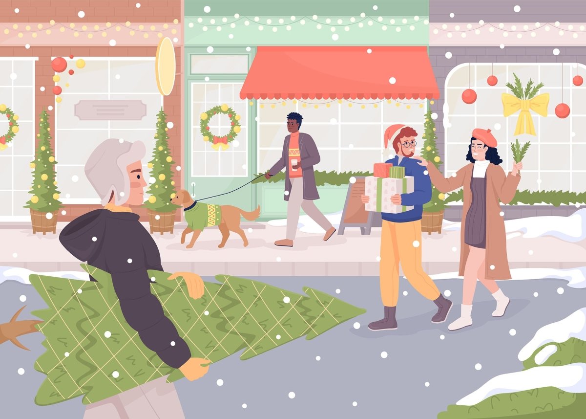 Street decorated for Christmas flat color vector illustration