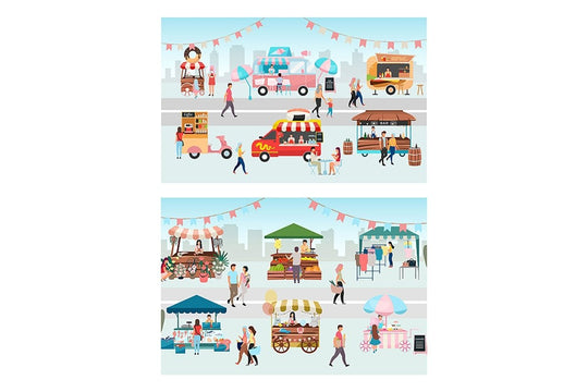Street food festival, fair flat vector illustrations