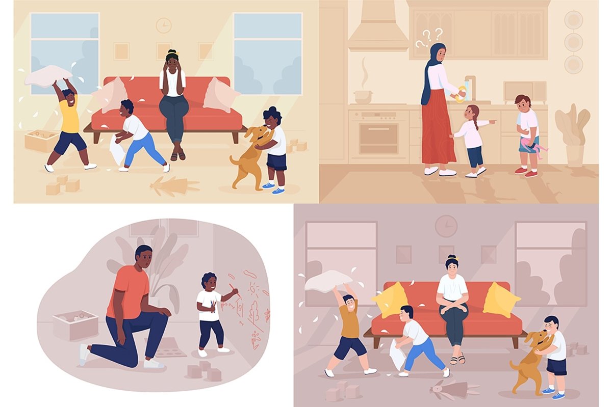 Stress of parenting flat color vector illustration set