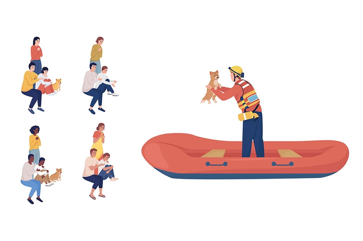 Stressed family members with pet semi flat color vector characters set