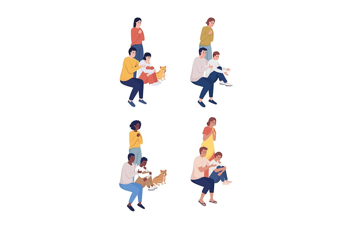 Stressed family members with pet semi flat color vector characters set