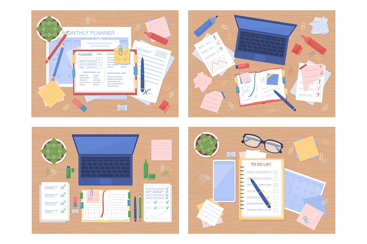 Study tablespace flat color vector illustration set