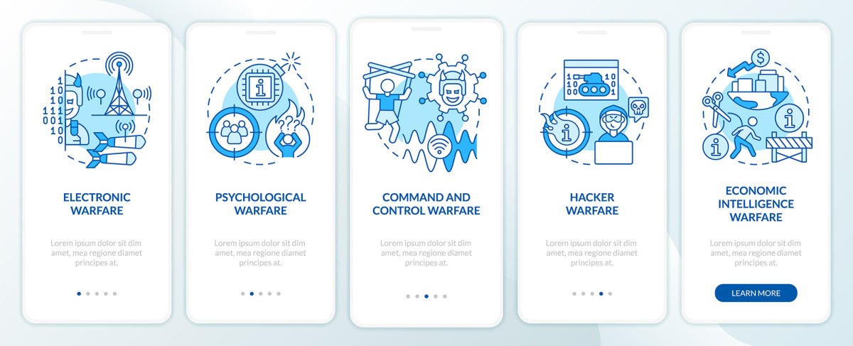 Subareas of information warfare blue onboarding mobile app screen