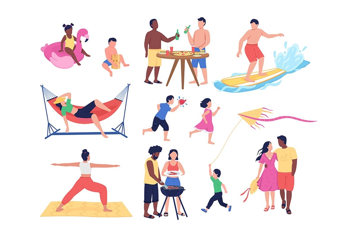 Summer activities semi flat color vector character set