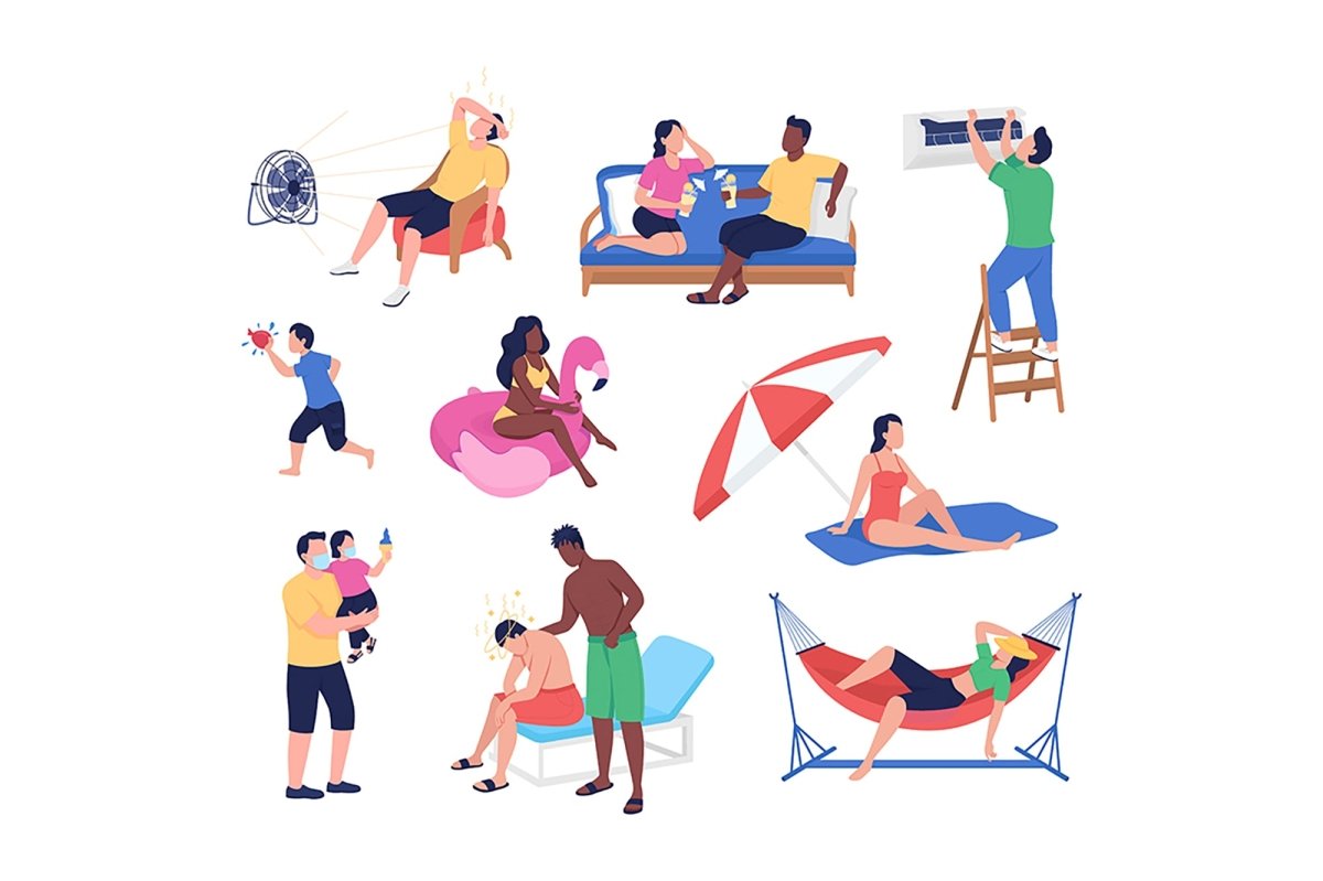 Summer heat semi flat color vector character set