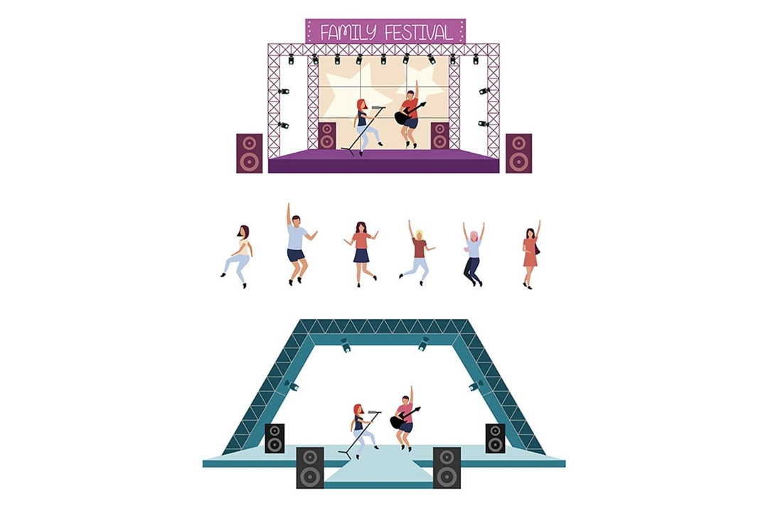 Summer music festival flat cartoon illustrations set