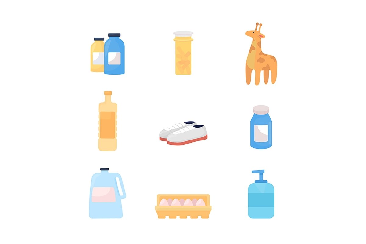 Supplies for humanitarian aid semi flat color vector item set