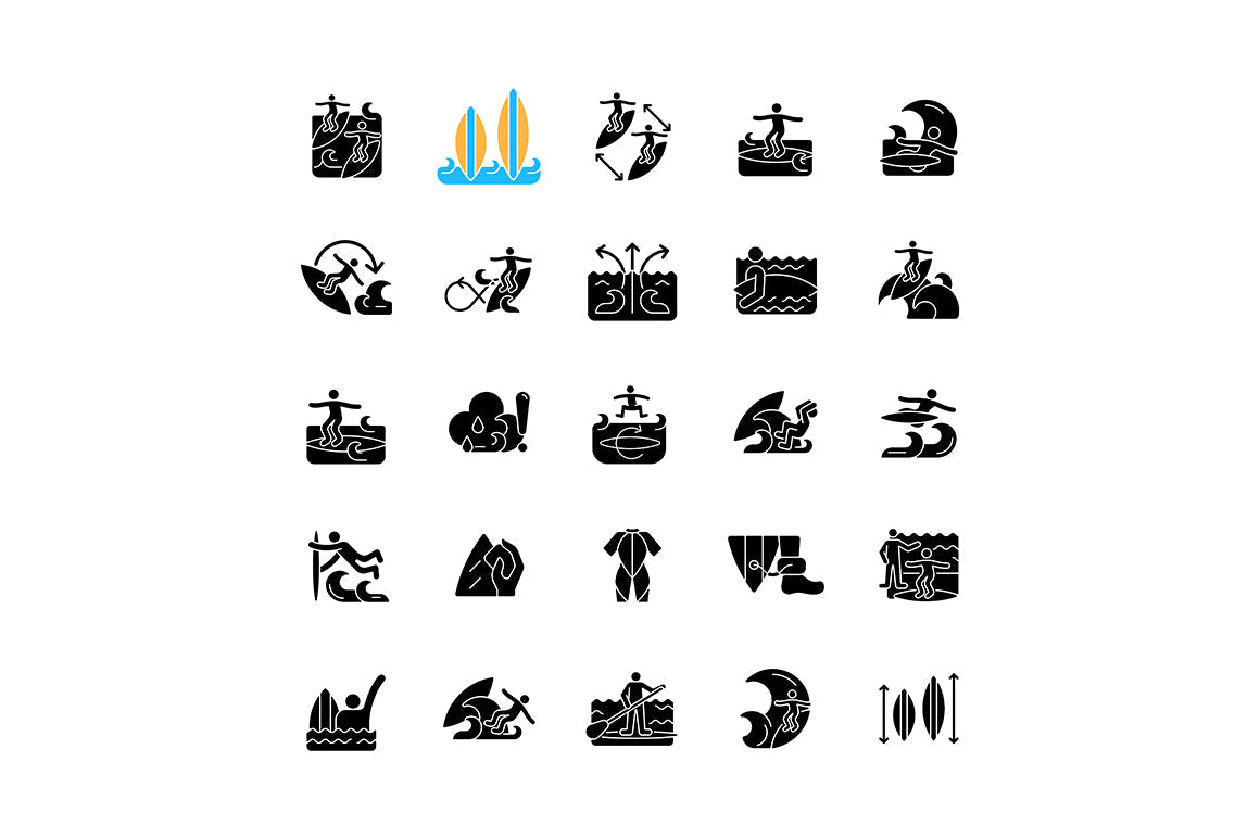 Surfing black glyph icons set on white space