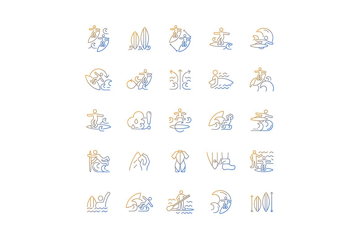 Surfing gradient linear vector icons set