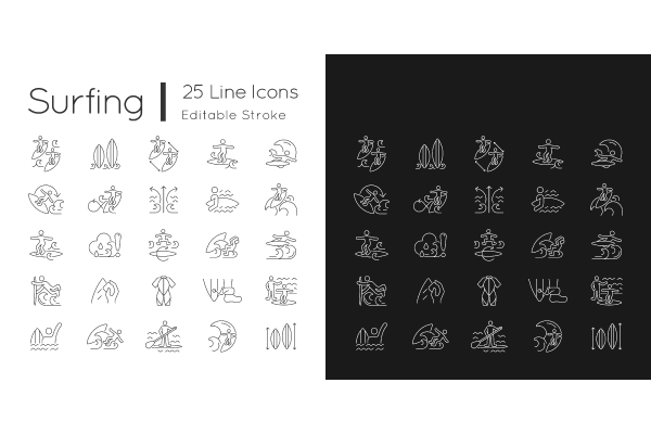 Surfing linear icons set for dark and light mode
