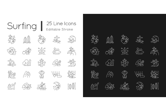 Surfing linear icons set for dark and light mode