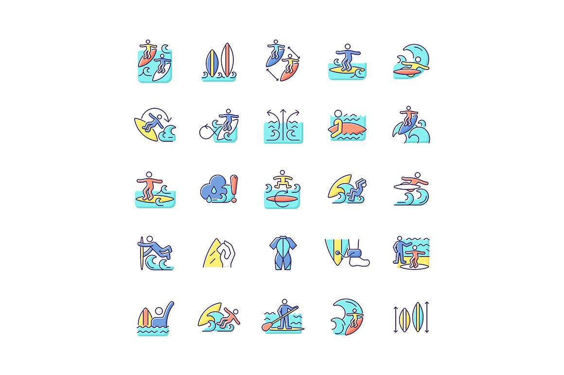 Surfing RGB color icons set