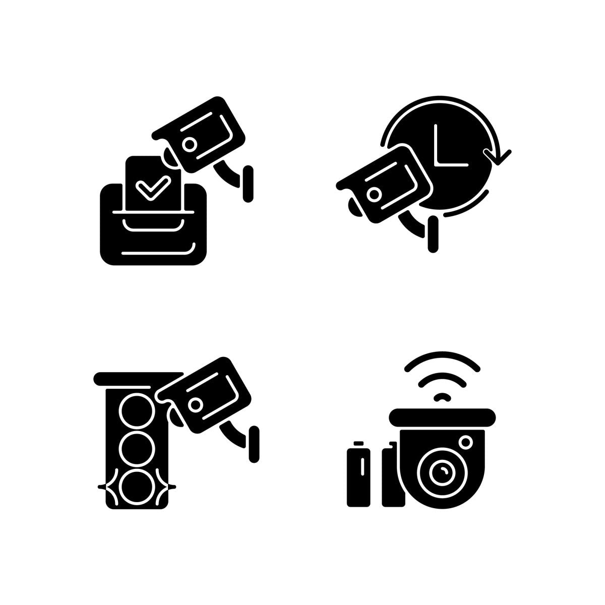 Surveillance and security systems black glyph icons set on white space