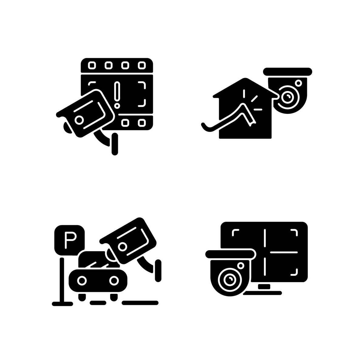Surveillance and security systems black glyph icons set on white space