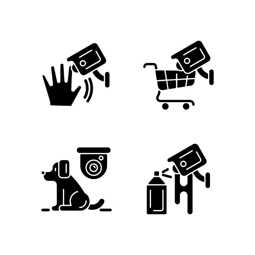 Surveillance and security systems black glyph icons set on white space