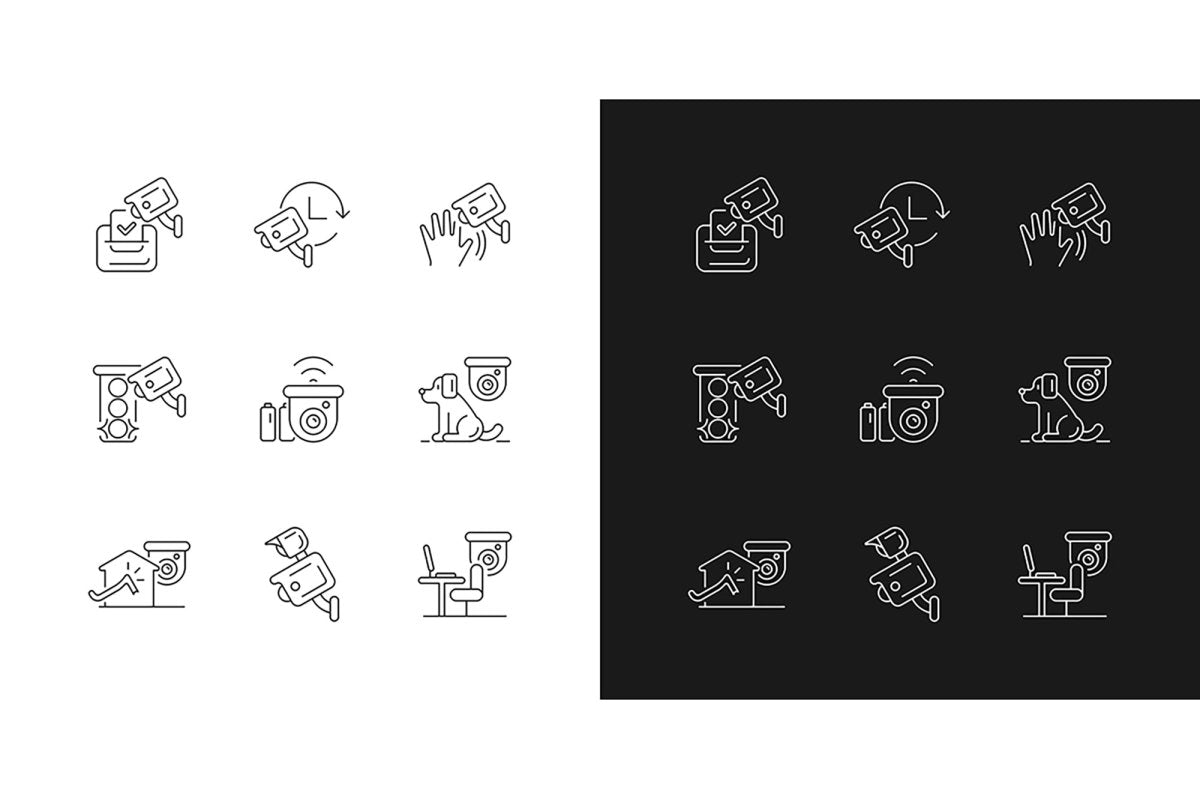 Surveillance and security systems linear icons set for dark and light mode