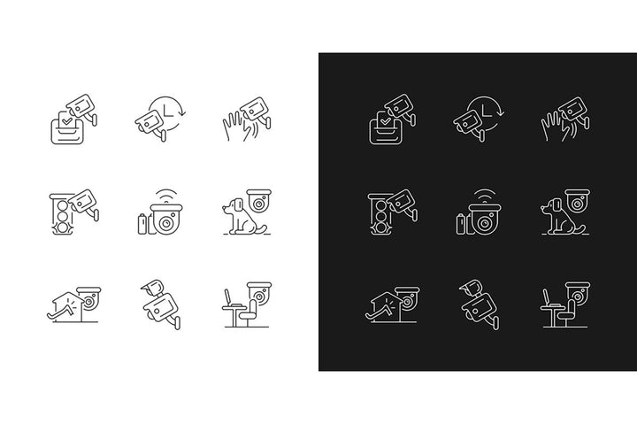 Surveillance and security systems linear icons set for dark and light mode