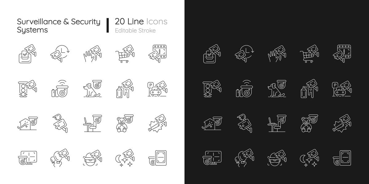 Surveillance and security systems linear icons set for dark and light mode