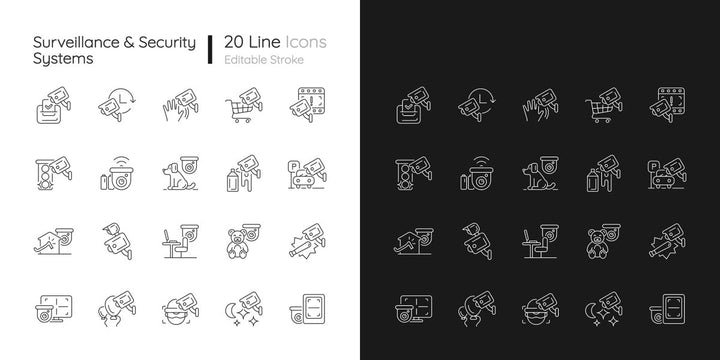Surveillance and security systems linear icons set for dark and light mode