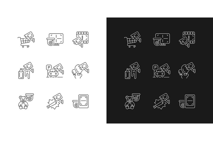 Surveillance and security systems linear icons set for dark and light mode