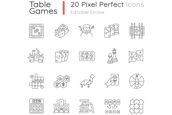 Table games pixel perfect linear icons set