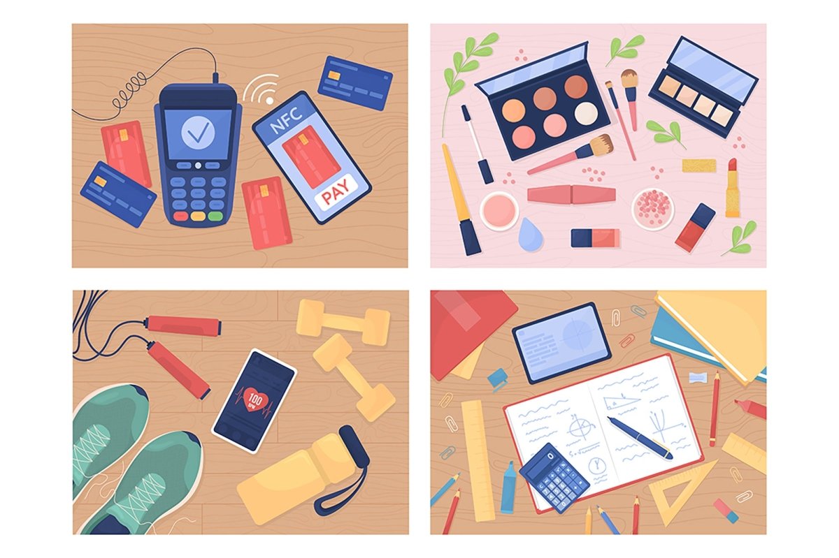 Tabletop with objects flat color vector illustration set