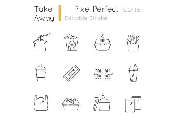 Takeaway food packages pixel perfect linear icons set
