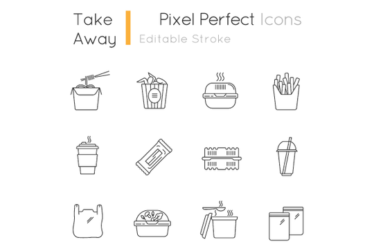 Takeaway food packages pixel perfect linear icons set