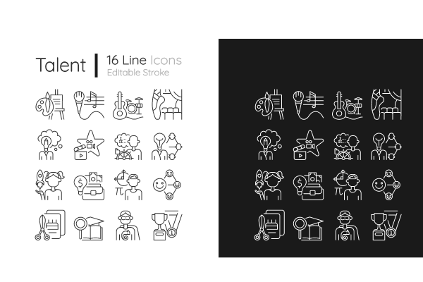 Talents and aptitudes linear icons set for dark and light mode