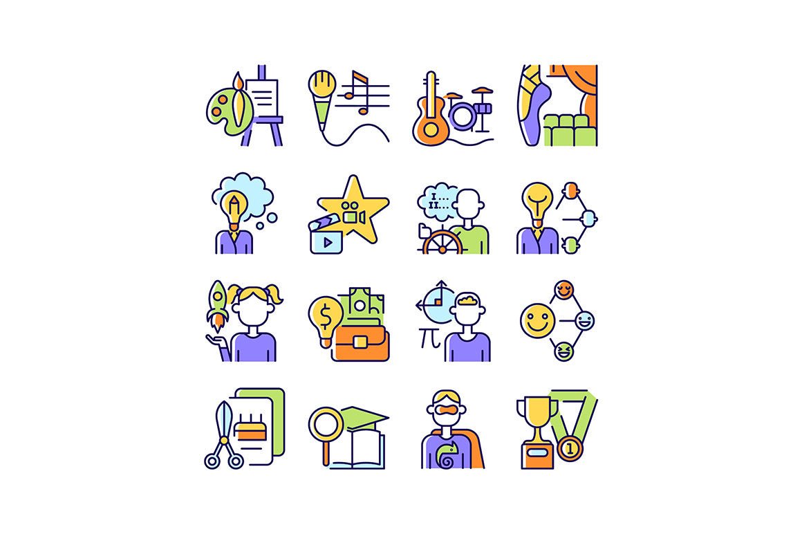 Talents and aptitudes RGB color icons set