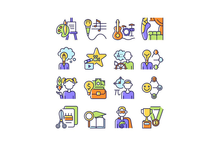 Talents and aptitudes RGB color icons set