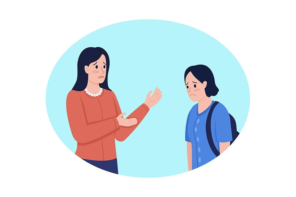 Talking about poor grades with mom 2D vector isolated illustration set