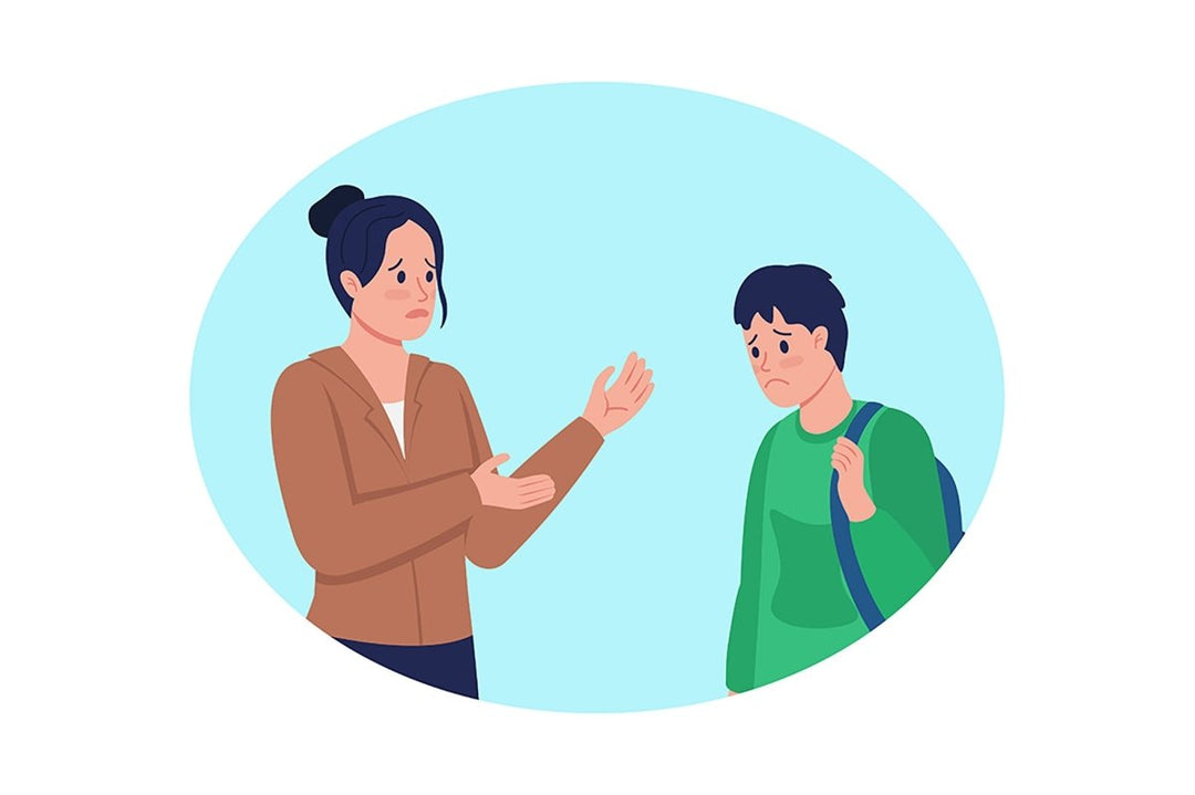 Talking about poor grades with mom 2D vector isolated illustration set